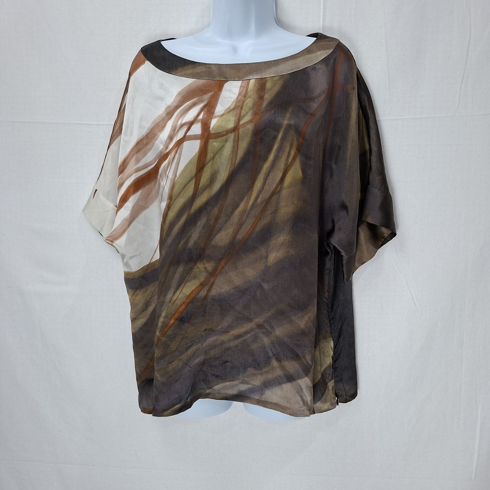 Lafayette 148 New York Blouse 14 Silk Abstract Print Dolman Sleeve Top Side Zip